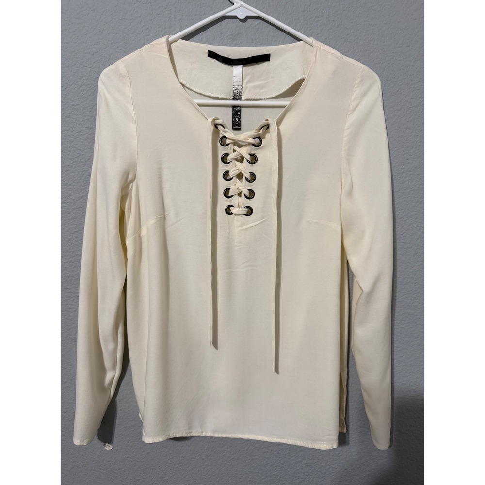 Peasant Kensie Womens Top S Cream Ivory Lace Up Grommet Long Sleeve Minimalist